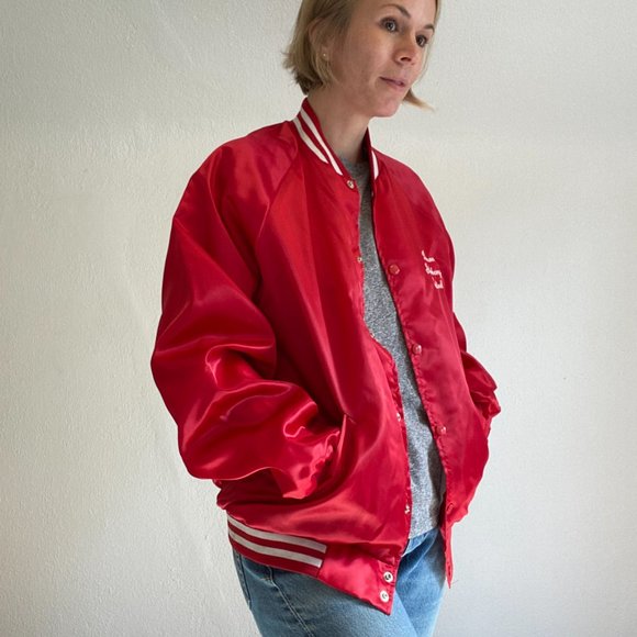 Vintage 80s Red Satin Varsity Jacket Cardinal USA - Picture 8 of 16